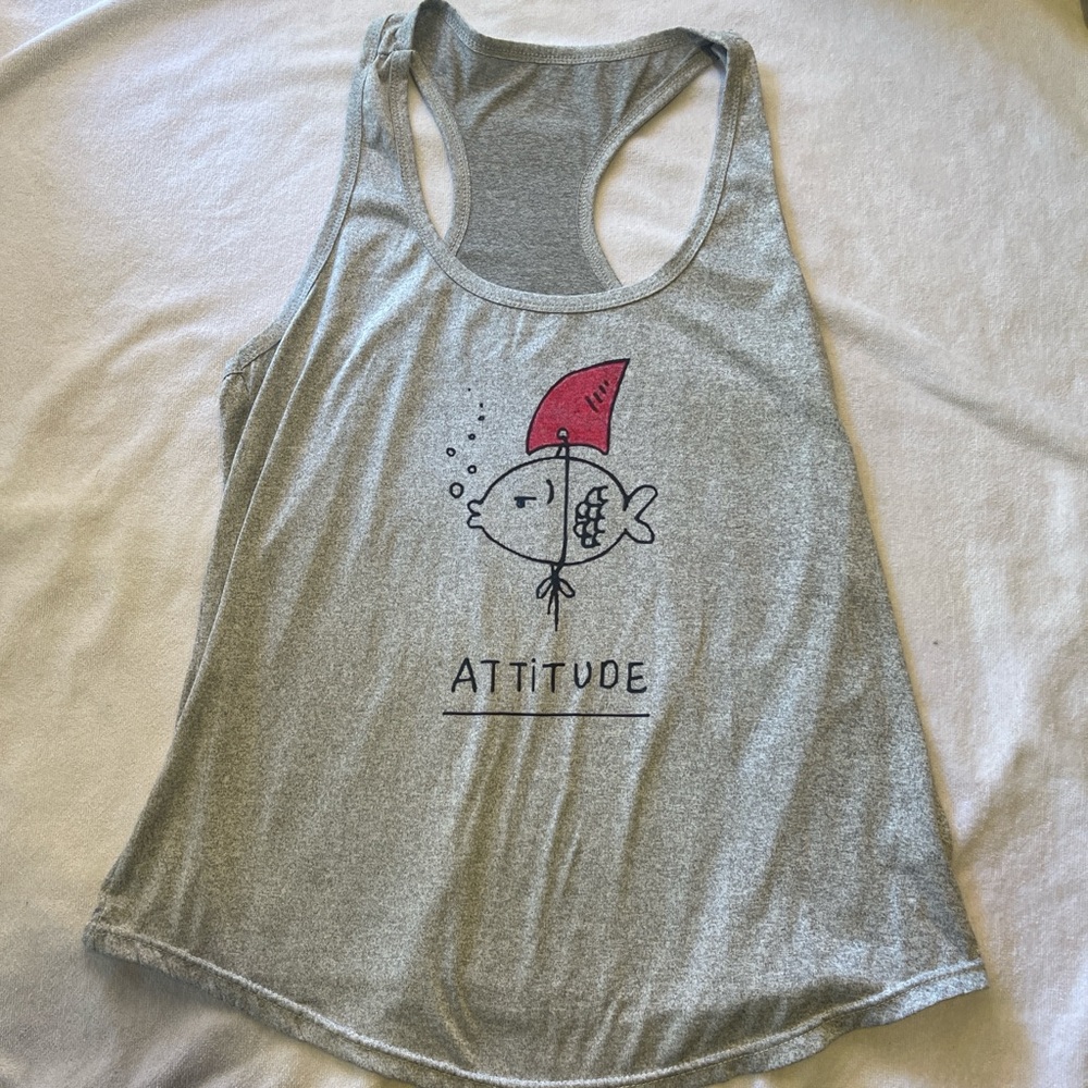Humorous “attitude “ Gray Tank Top with Fish Graphic NWOT